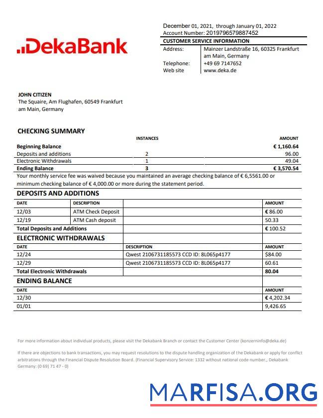 Blank Germany Dekabank bank statement example